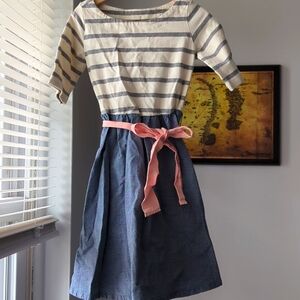 Striped Navy and Cream Kids Casual Dress with Pink Belt